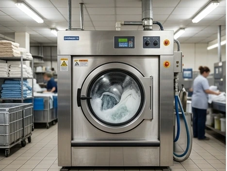 Industrial washing machine in laundry facility